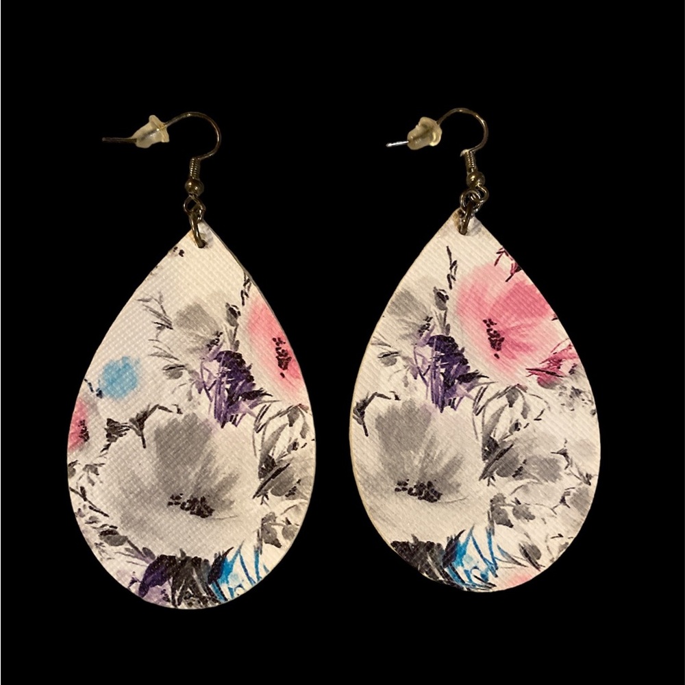 Floral Leather Teardrop Earrings - Picture 1 of 1